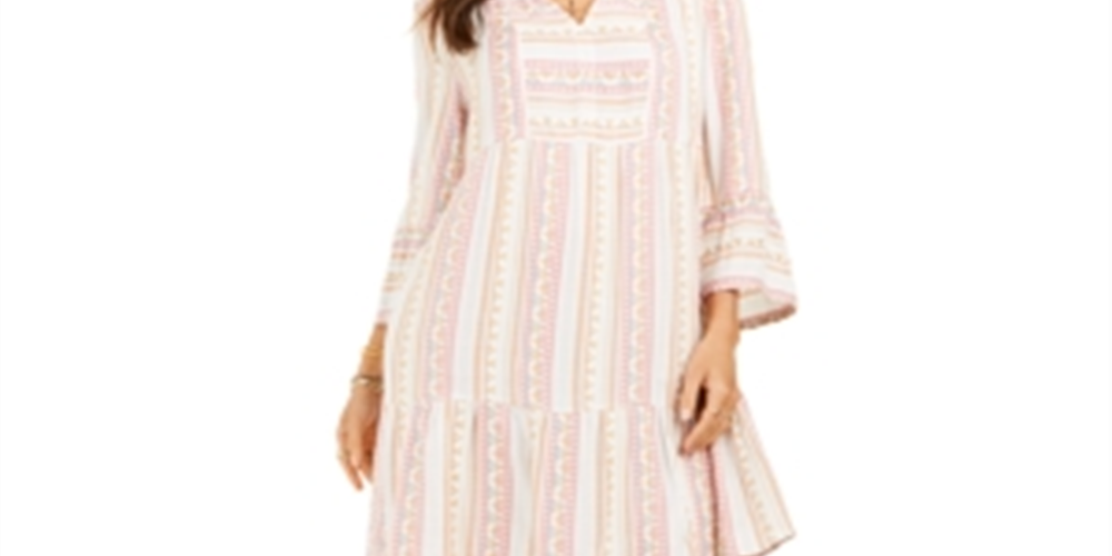 Style & Co Women's Printed Bell Sleeve Dress Pink Size Small