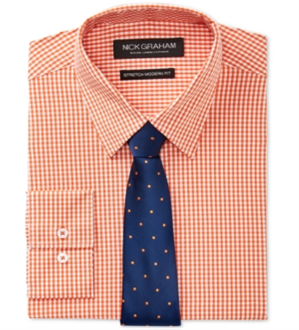 Nick Graham Men's Slim-Fit Stretch Easy-Care Mini Gingham Dress Shirt & Ground Pin Dot Tie Set Orange Size M