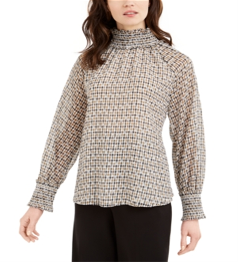 Calvin Klein Women's Smocked Neck Printed Top Beige Size Medium