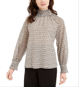 Calvin Klein Women's Smocked Neck Printed Top Beige Size Medium