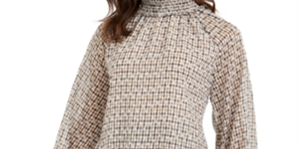 Calvin Klein Women's Smocked Neck Printed Top Beige Size Medium