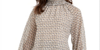 Calvin Klein Women's Smocked Neck Printed Top Beige Size Medium