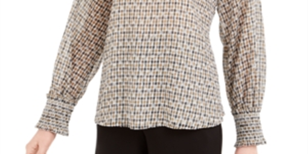 Calvin Klein Women's Smocked Neck Printed Top Beige Size Medium