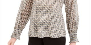 Calvin Klein Women's Smocked Neck Printed Top Beige Size Medium