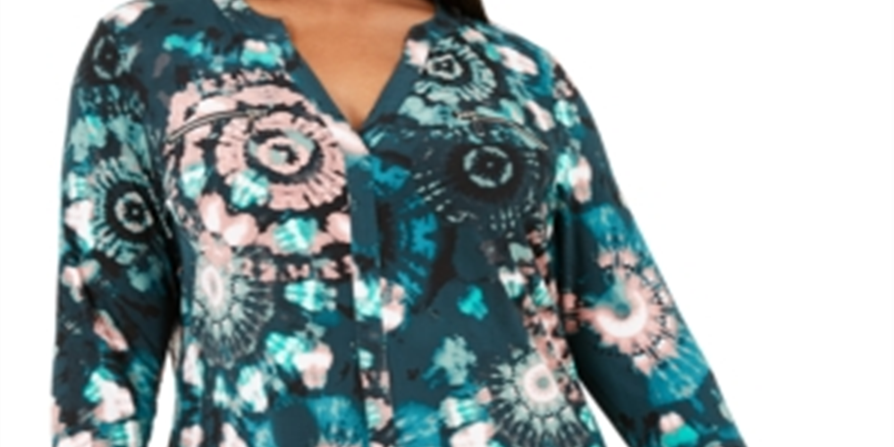 INC International Concepts Women's Printed Split Neck Top Green Size 0X