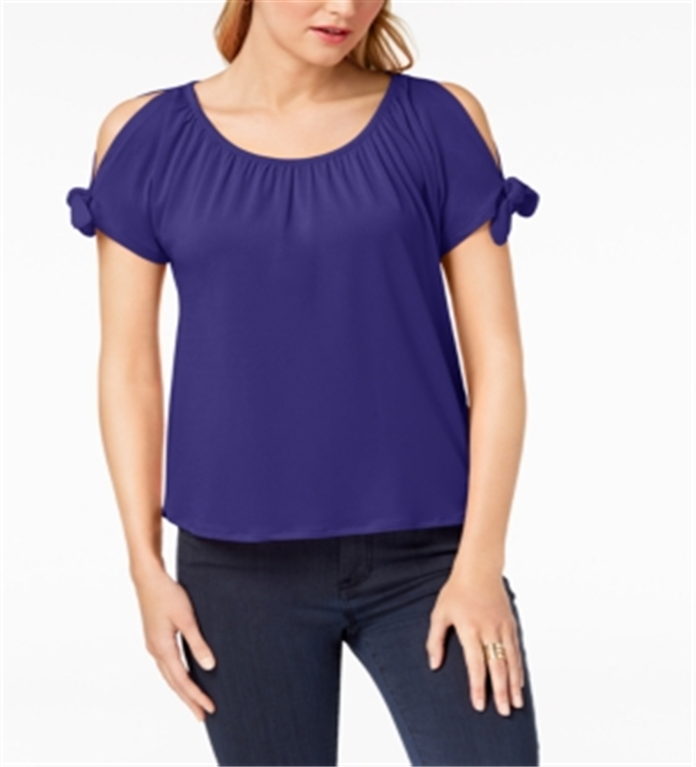 INC International Concepts Women's Cold Shoulder Tie Sleeve Blouse Blue Size Petite S