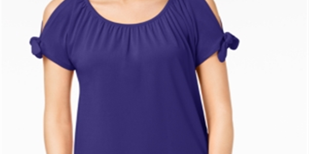 INC International Concepts Women's Cold Shoulder Tie Sleeve Blouse Blue Size Petite S