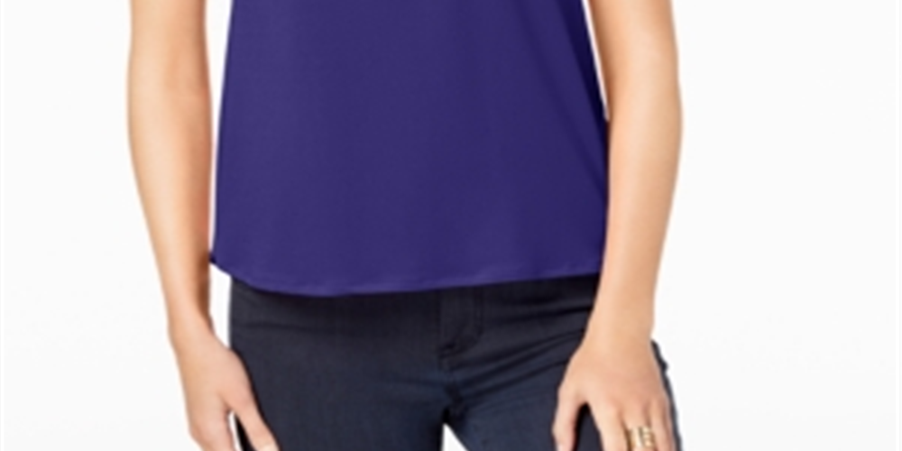 INC International Concepts Women's Cold Shoulder Tie Sleeve Blouse Blue Size Petite S