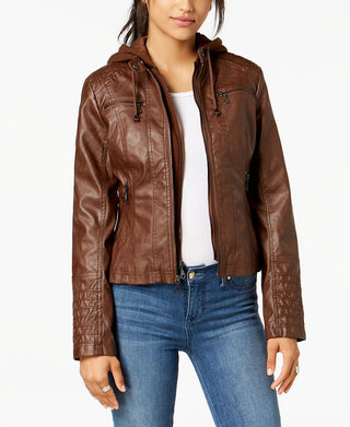 Maralyn & Me Junior's Hooded Faux Leather Moto Jacket Brown Size X-Small