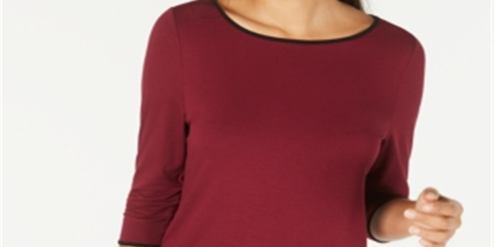 Alfani Women's Piped 3/4 Sleeve T-Shirt Wine Size L
