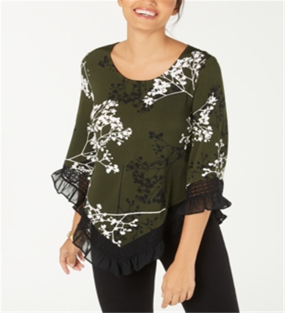 Alfani Women's Printed Lace Trim Top Green Size S