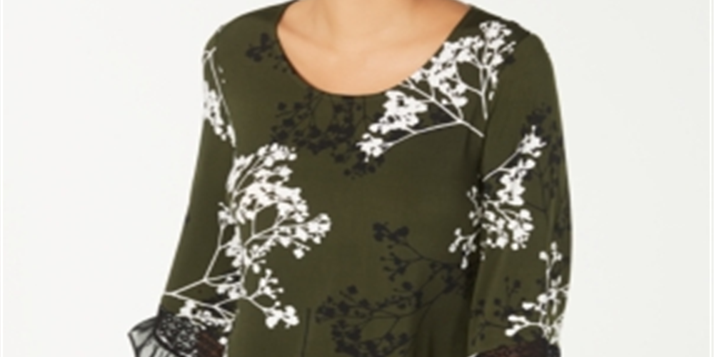 Alfani Women's Printed Lace Trim Top Green Size S