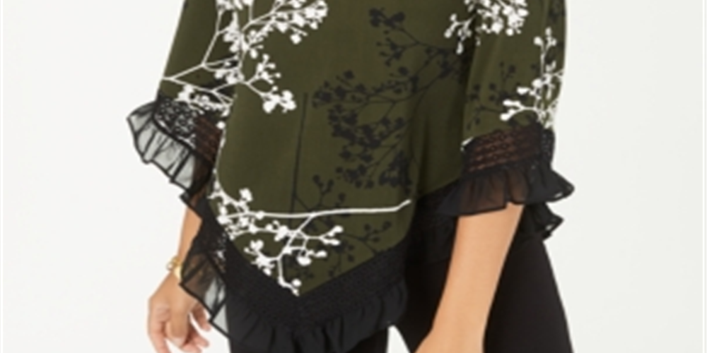 Alfani Women's Printed Lace Trim Top Green Size S