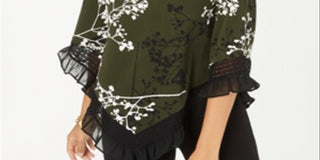 Alfani Women's Printed Lace Trim Top Green Size S