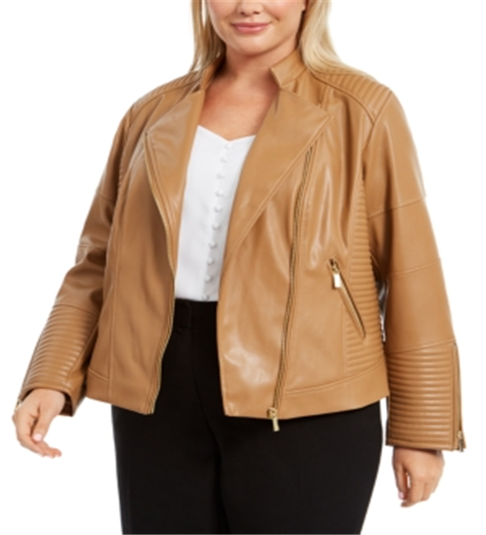 Calvin Klein Women's SeaFaux Leather Moto Jacket Brown Size 0X