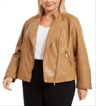 Calvin Klein Women's SeaFaux Leather Moto Jacket Brown Size 0X