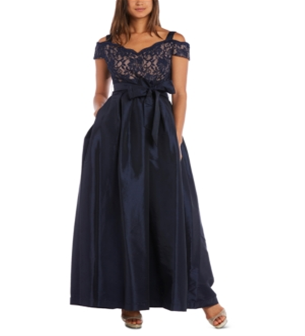 R & M Richards Women's Cold Shoulder Lace Floral Spaghetti Strap V Neck Full Length Formal Empire Waist Dress Blue Size 12