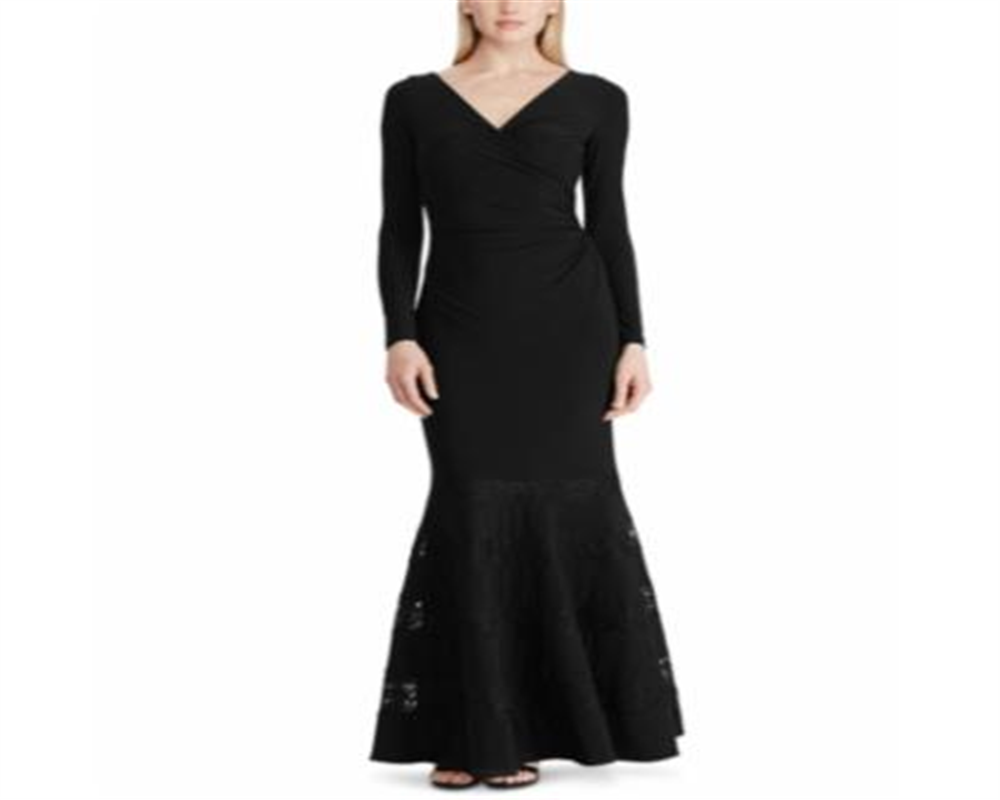 Ralph Lauren Women's Lace Trim Surplice Clevella Formal Dress Black Size 14
