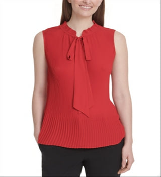 DKNY Women's Tie Neck Pleated Top Red Size X-Small