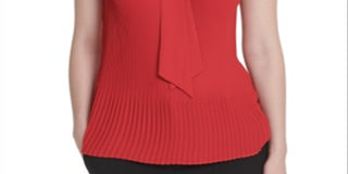 DKNY Women's Tie Neck Pleated Top Red Size X-Small