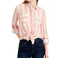 Pink Rose Women's Juniors Button-Down Top Striped Hi-Low Brown Size Large