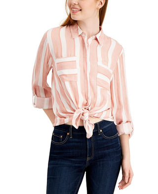 Pink Rose Women's Juniors Button-Down Top Striped Hi-Low Brown Size Large