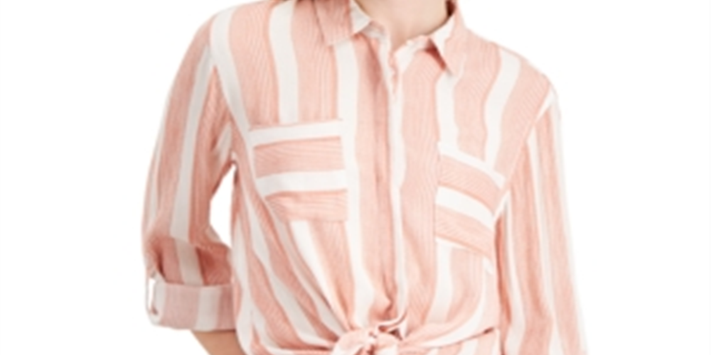 Pink Rose Women's Juniors Button-Down Top Striped Hi-Low Brown Size Large