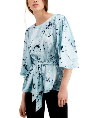 Alfani Women's Floral Print Tie Front Blouse Blue Size Medium