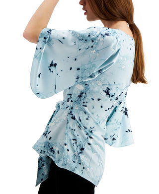 Alfani Women's Floral Print Tie Front Blouse Blue Size Medium