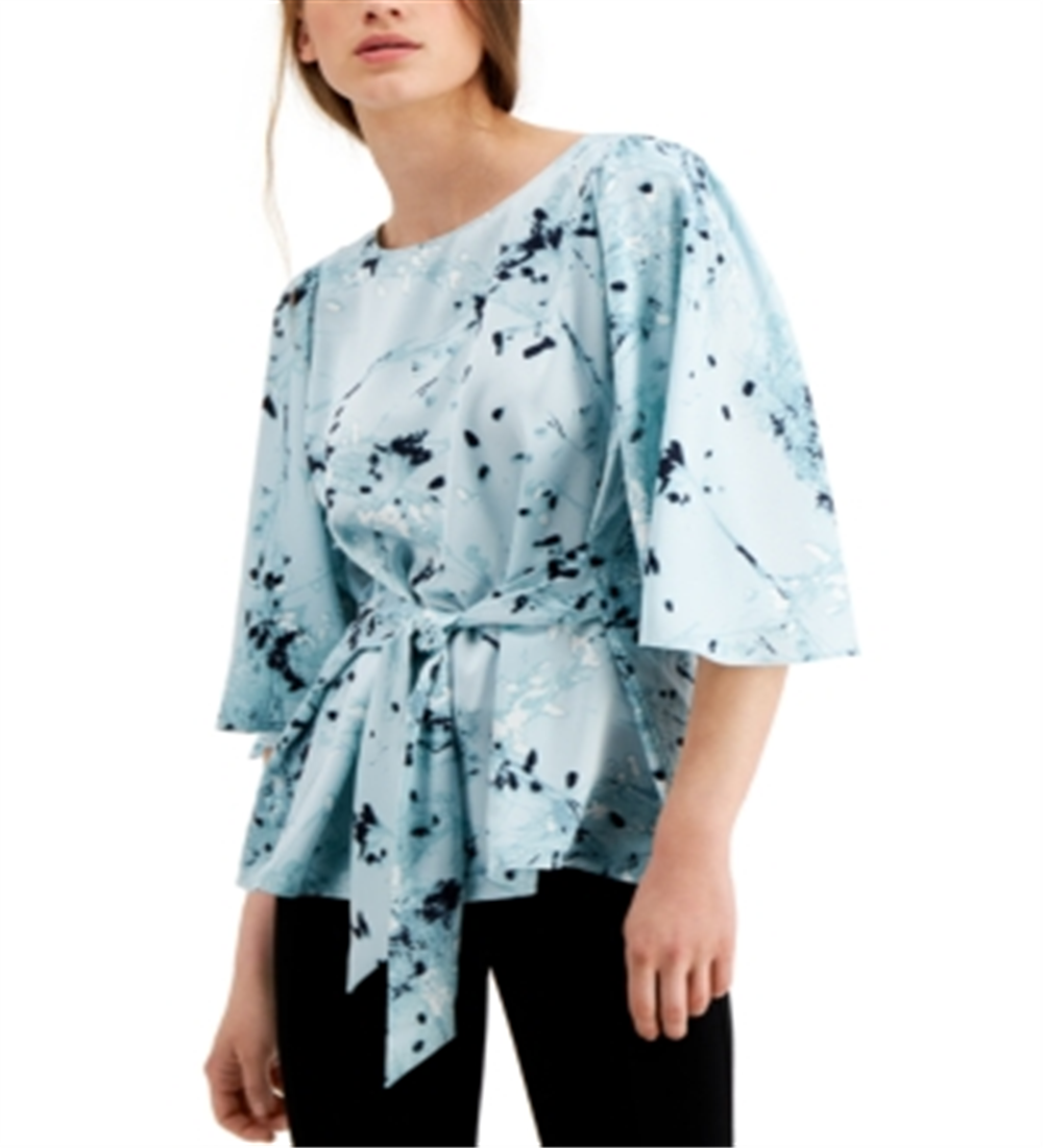 Alfani Women's Floral Print Tie Front Blouse Blue Size Medium