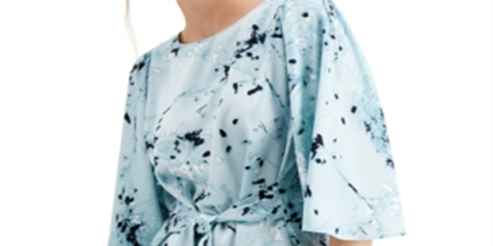 Alfani Women's Floral Print Tie Front Blouse Blue Size Medium
