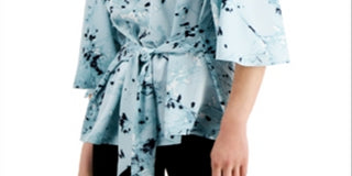 Alfani Women's Floral Print Tie Front Blouse Blue Size Medium