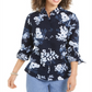 Charter Club Women's Floral Print Linen Blend Shirt Blue Size Large