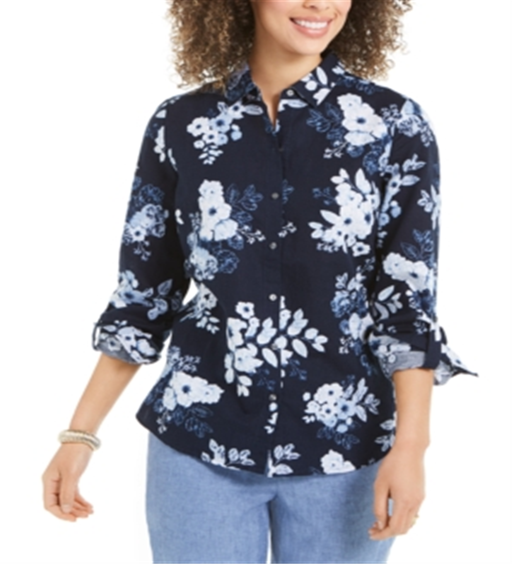 Charter Club Women's Floral Print Linen Blend Shirt Blue Size Large