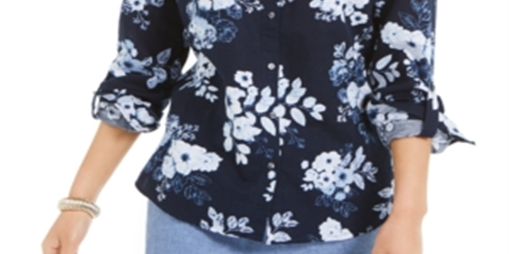 Charter Club Women's Floral Print Linen Blend Shirt Blue Size Large