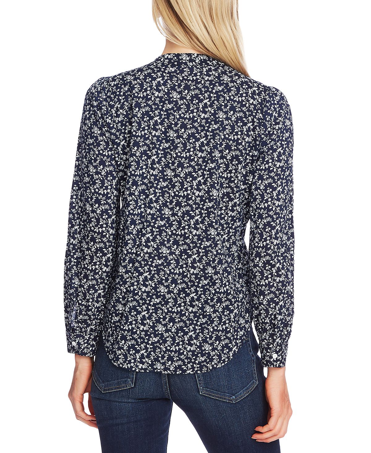 Vince Camuto Women's Long Sleeve Ditsy Vines Split Neck Blouse Blue Size Small