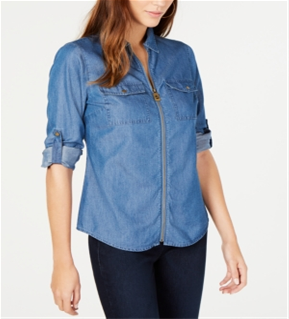 Michael Kors Women's Zippered 3/4 Sleeve Collared Top Blue Size X-Lage