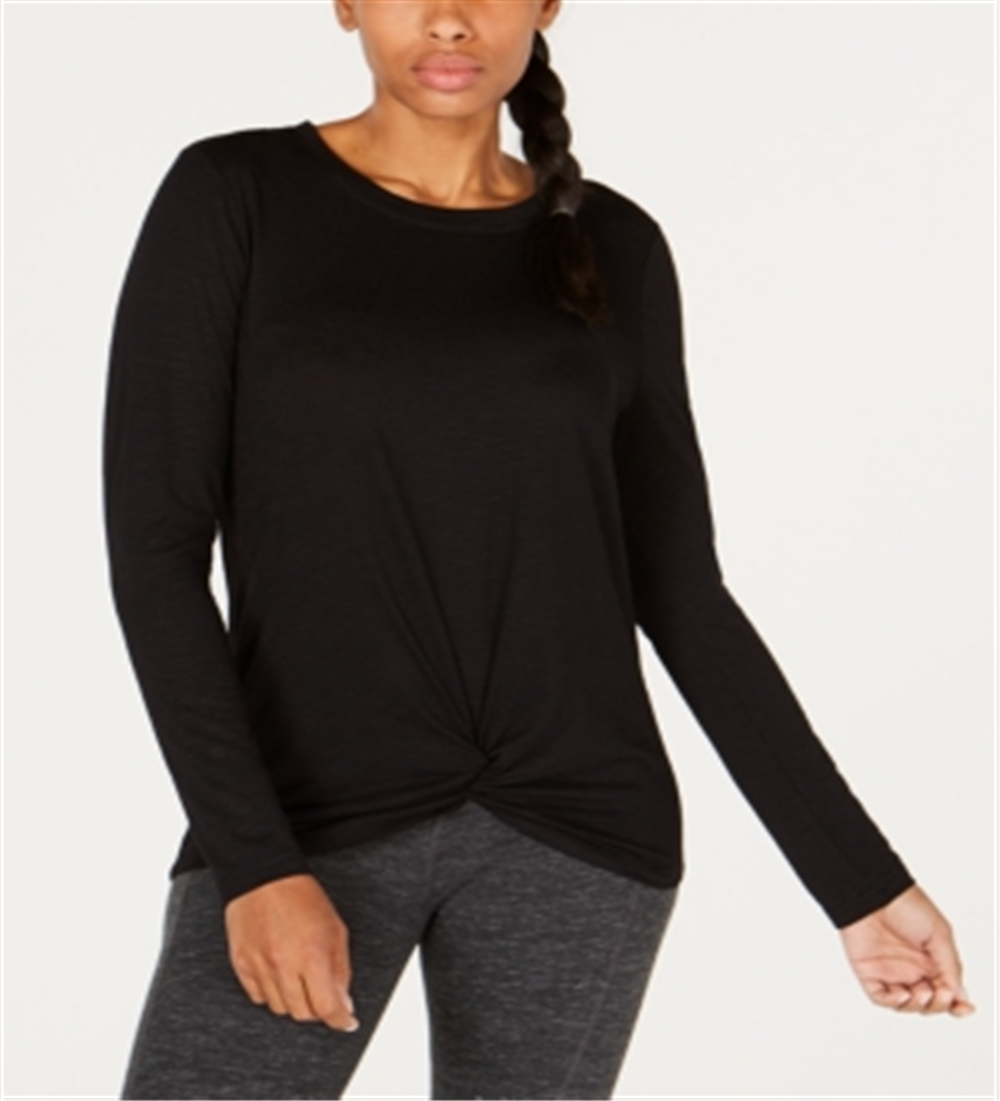 Ideology Women's Long Sleeve Jewel Neck T-Shirt Top Black Size X-Small