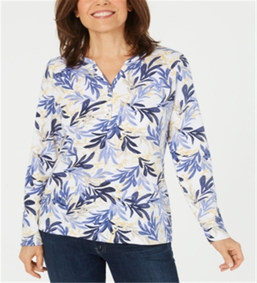 Karen Scott Women's Printed Split Neck Top Blue Size Medium