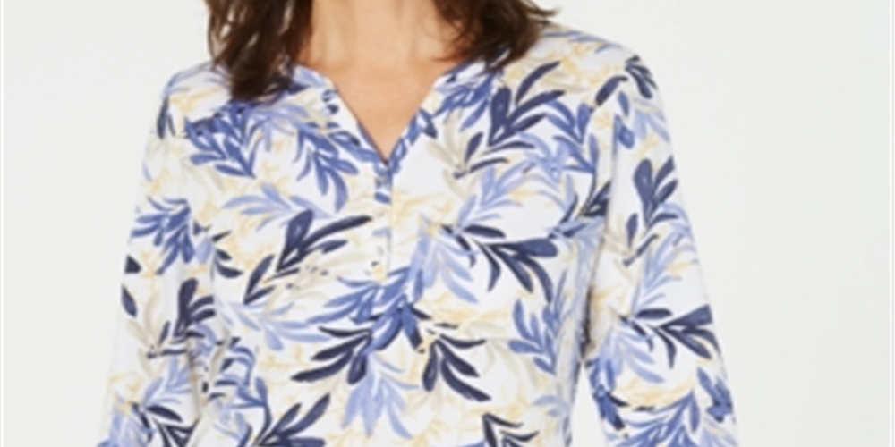 Karen Scott Women's Printed Split Neck Top Blue Size Medium