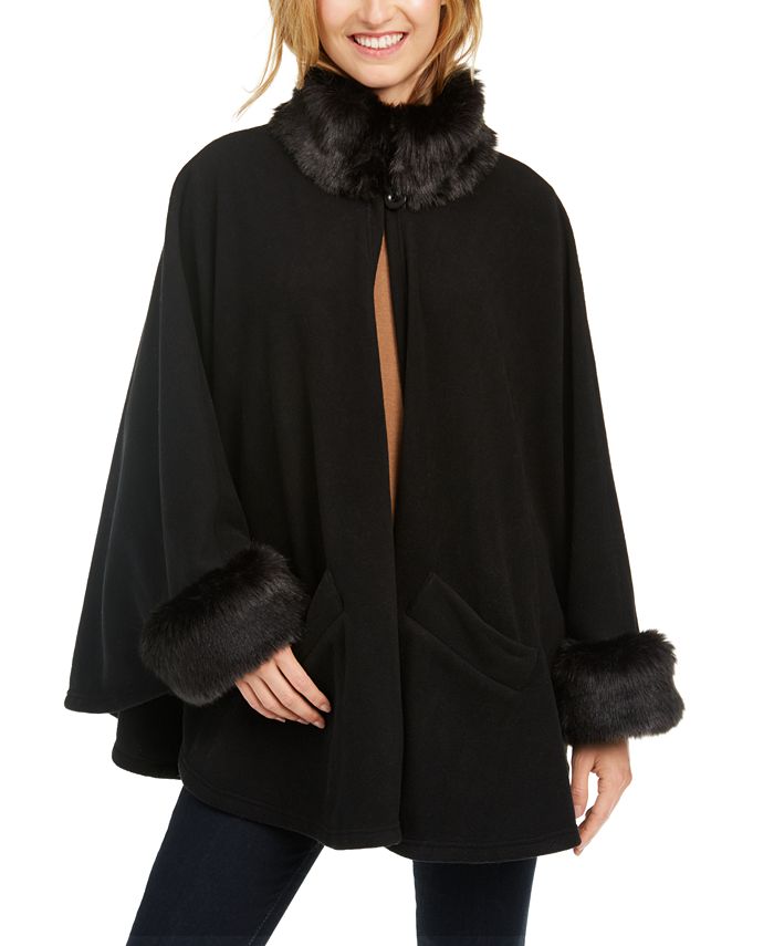 Cejon Women's Lux Fleece Cape with Faux Fur Trim Coat Black Size -L/XL