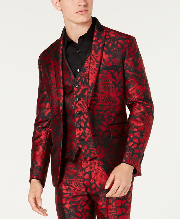 INC International Concepts Men's Slim Fit Animal Print Blazer Red Size X-Small
