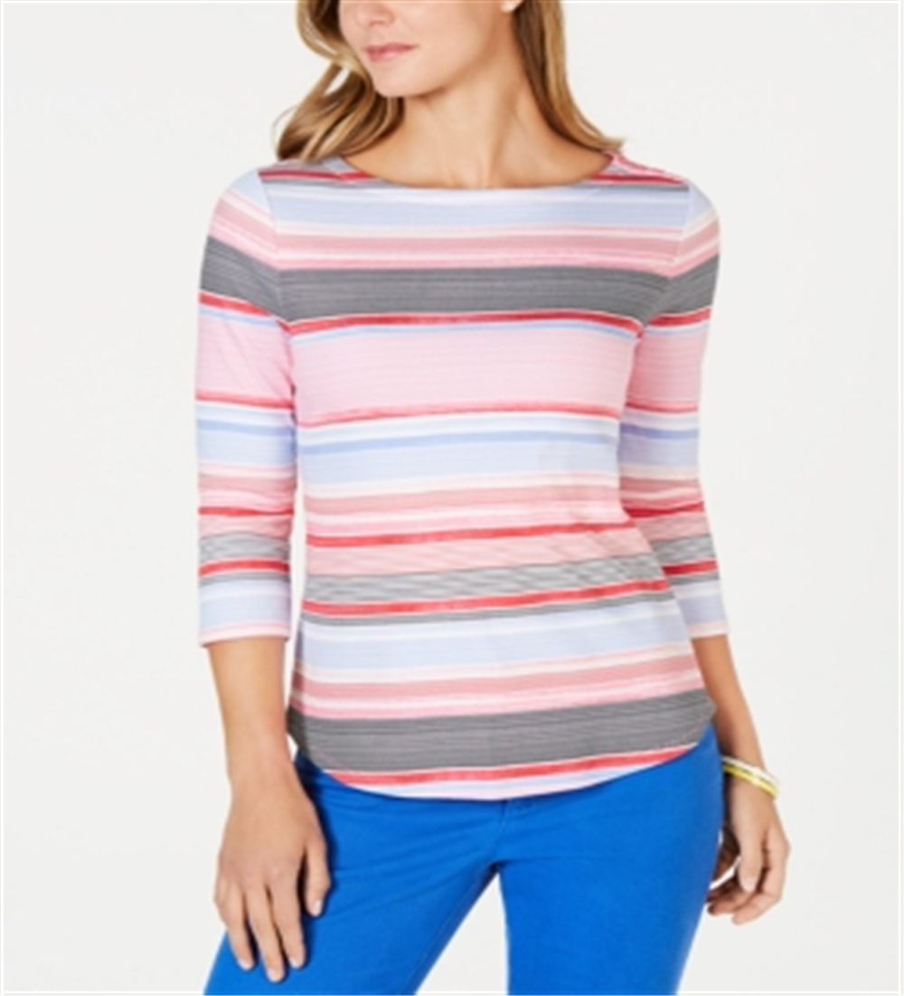 Charter Club Women's Pima Cotton Button Shoulder Striped Top Pink Size Petite L