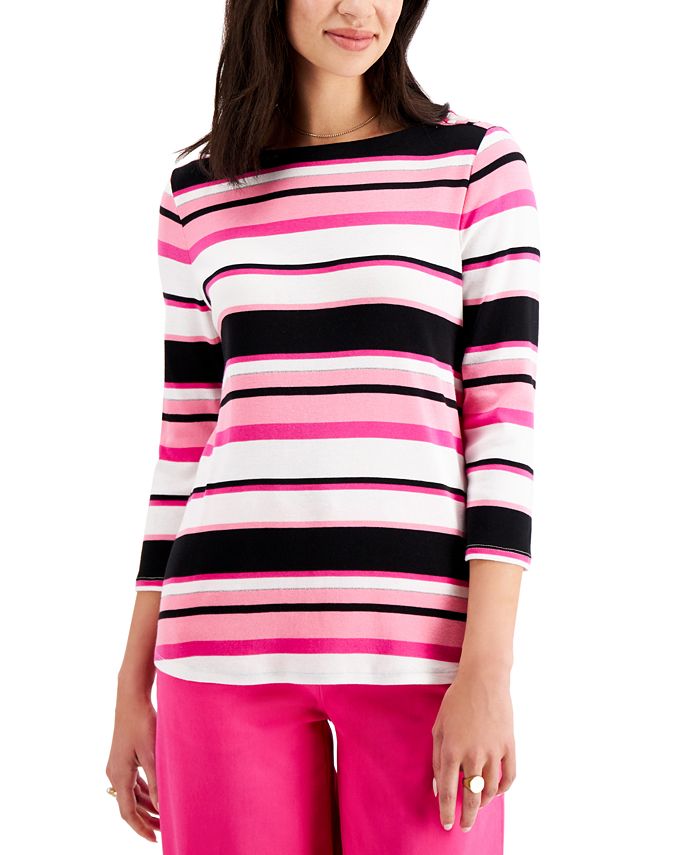 Charter Club Women's Pima Cotton Button Shoulder Stripe Top Pink Size S