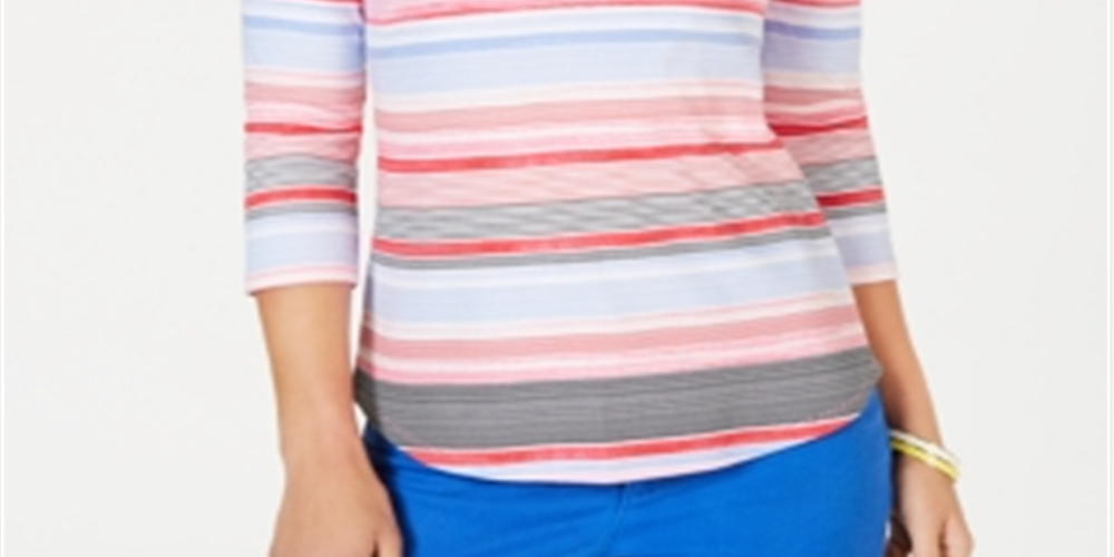 Charter Club Women's Pima Cotton Button Shoulder Striped Top Pink Size Petite S/M