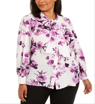 Calvin Klein Women's Floral Long Sleeve Tie Neck Wear to Work Button up Top Purple Size 3X