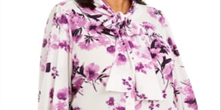 Calvin Klein Women's Floral Long Sleeve Tie Neck Wear to Work Button up Top Purple Size 3X