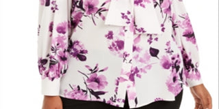 Calvin Klein Women's Floral Long Sleeve Tie Neck Wear to Work Button up Top Purple Size 3X
