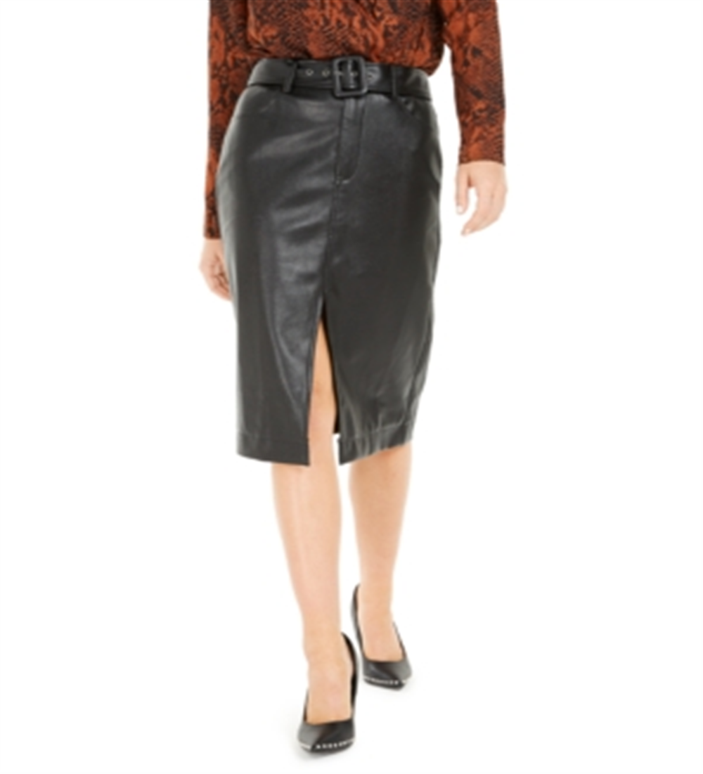 Bar III Women's Faux Leather Belted Slit Skirt Black Size -XL