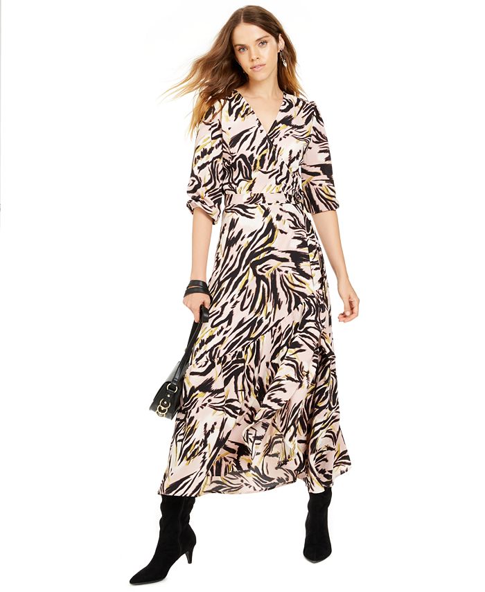 Bar III Women's Animal Print 3/4 Sleeve V Neck Maxi Wrap Dress Pink Size XXS